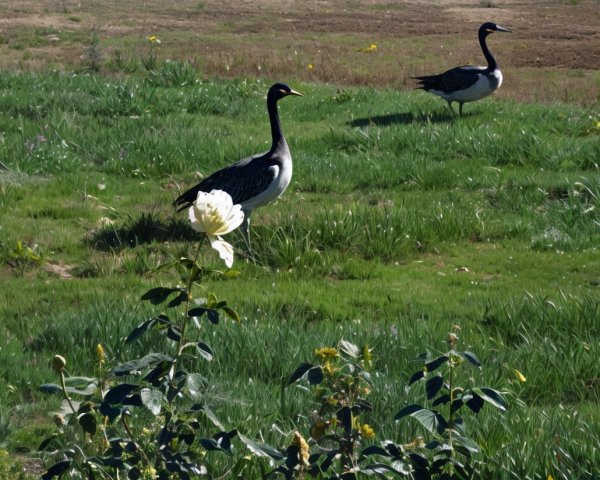Black-and-White Birds in a Green Field with Flower
