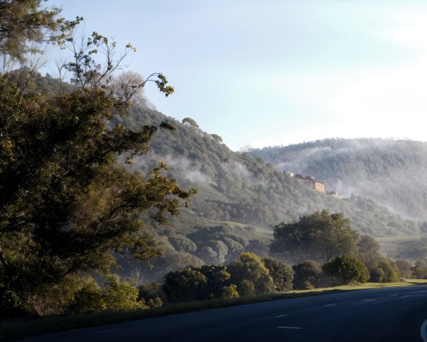 Serene Landscape with Misty Hills and Soft Morning Light