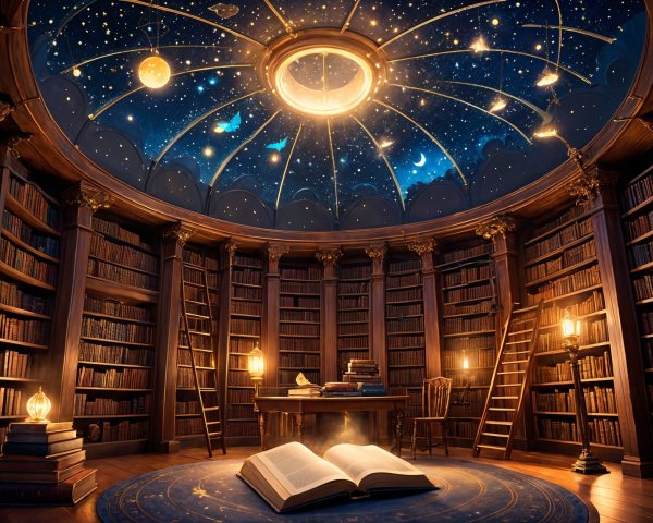 Magical library with towering bookshelves and starry ceiling