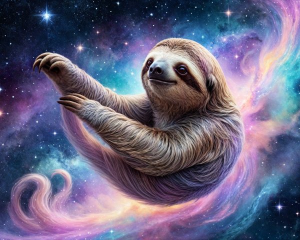 Whimsical Sloth in a Vibrant Cosmic Scene