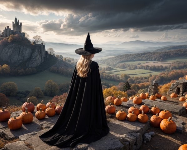 Witch in Black Hat Overlooking Autumn Valley Scene