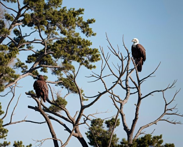 Eagles Perched on Branches Against Blue Sky Background