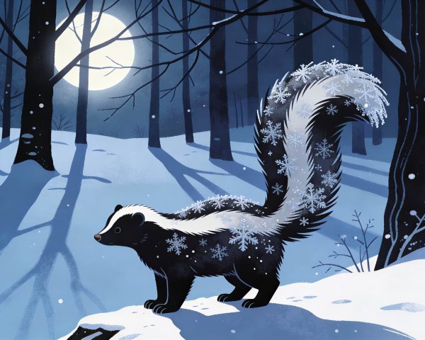 Skunk in a Snowy Forest Under a Full Moon