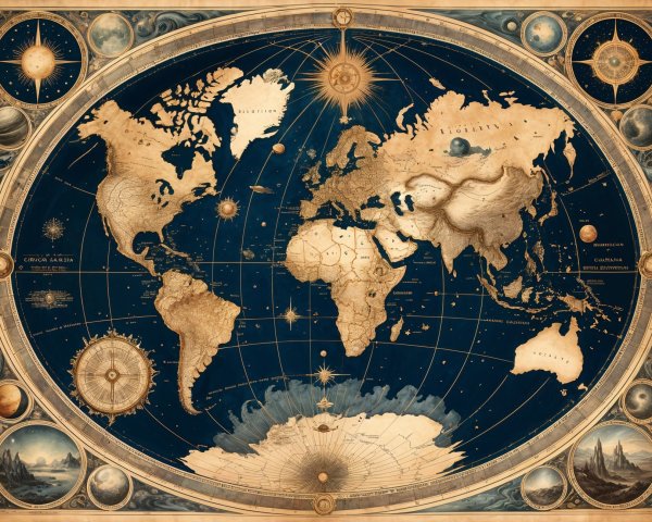 Vintage World Map with Deep Blue and Gold Design