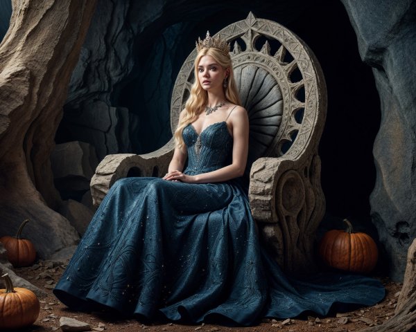 Regal figure on stone throne in elegant blue gown