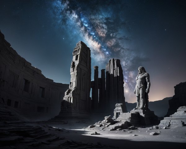 Majestic statue among ancient ruins under moonlight