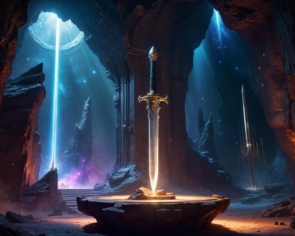 Majestic Sword on Stone Pedestal in Mystical Cave