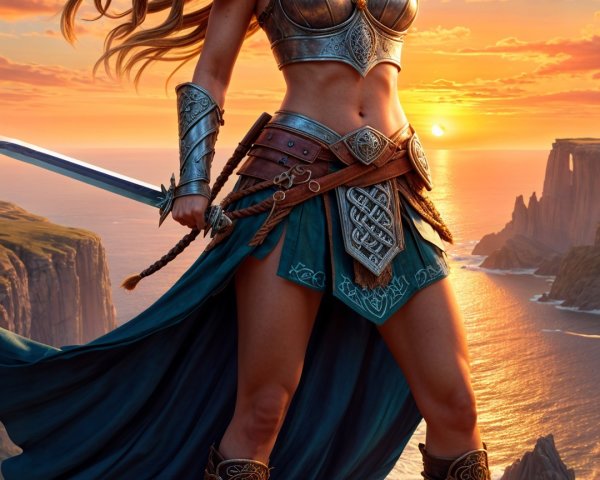 Fierce warrior in armor on rocky outcrop at sunset