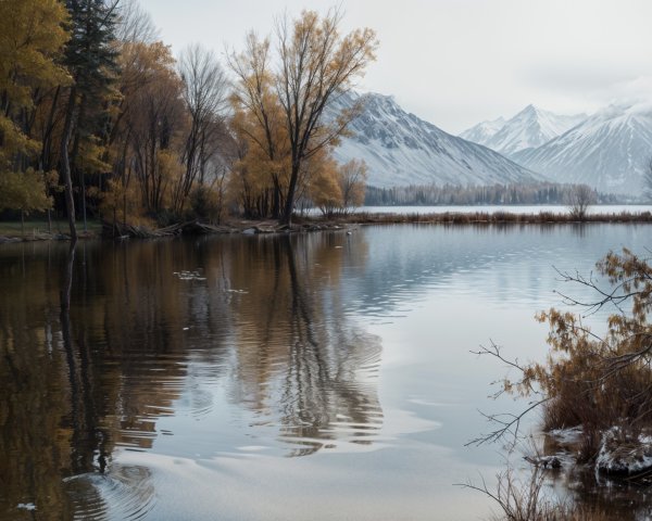 Serene Lake Surrounded by Snow-Capped Mountains