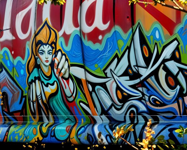 Vibrant Mural on Train Car with Stylized Female Figure