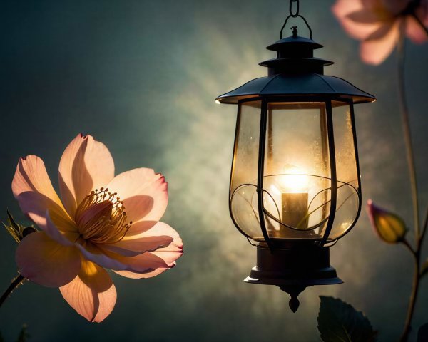 Illuminated Flowers and Vintage Lantern in Soft Light