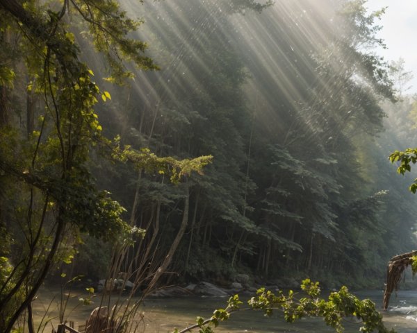 Sunlight and Reflections in a Tranquil River Landscape