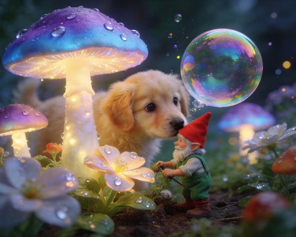 Whimsical Gnome and Puppy in a Colorful Garden Scene