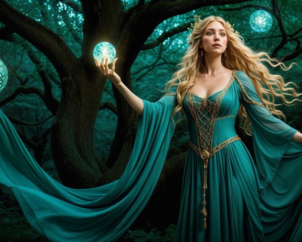 Regal figure in turquoise gown in mystical forest