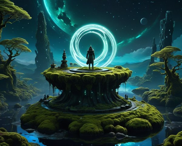 Lone Figure in Mystical Landscape with Ethereal Portal