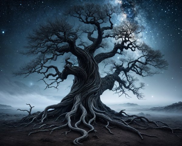 Ancient Tree Under Starry Night with Misty Landscape