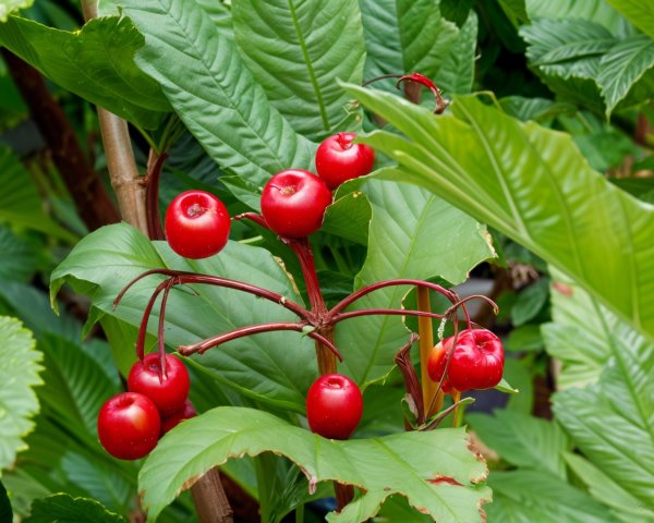Bright Red Fruits Among Lush Green Foliage