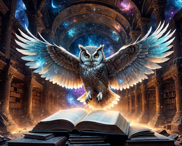 Mystical Library with Owl and Glowing Book Scene