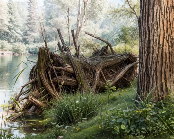 Serene Riverbank Scene with Lush Greenery and Log Structure
