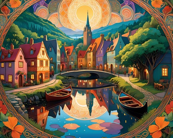 Picturesque Village Scene at Sunset with River and Houses