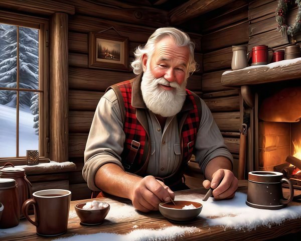 Smiling Man in Plaid Vest by Snowy Forest Window