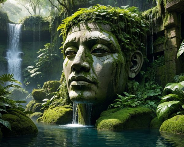 Ancient Stone Head Surrounded by Lush Jungle Landscape