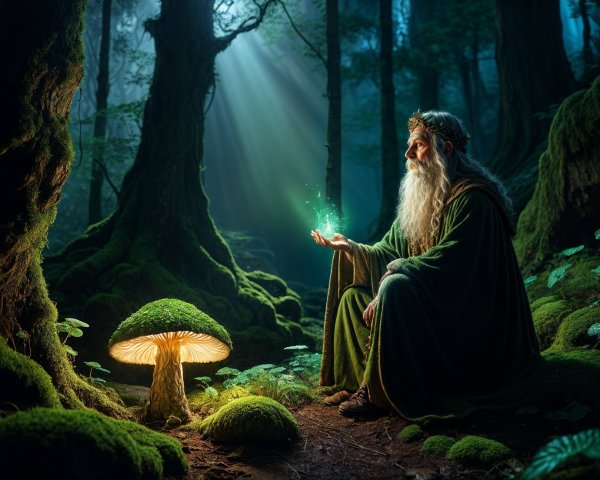 Elderly wizard beside luminescent mushroom in forest
