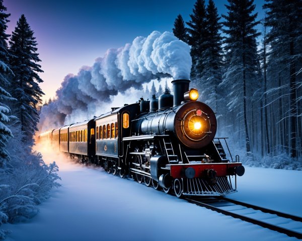 Vintage Steam Locomotive in Snowy Winter Landscape