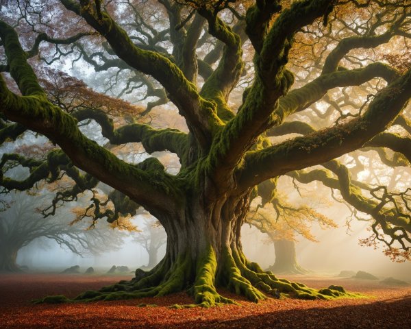 Majestic Tree in a Misty Forest Setting