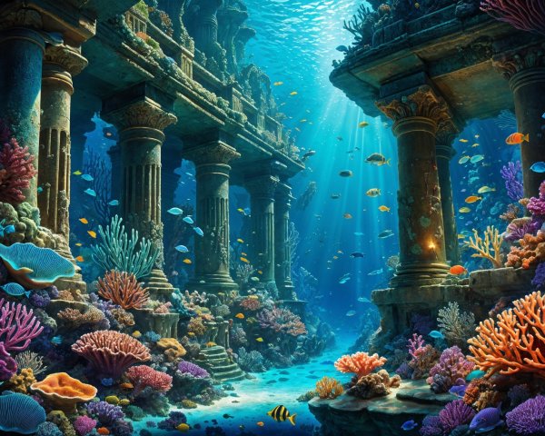 Underwater Ruins of an Ancient City with Coral Reefs