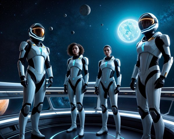 Astronauts in Space Suits on a Spacecraft Bridge