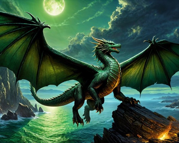 Majestic green dragon on rocky outcrop under moonlight