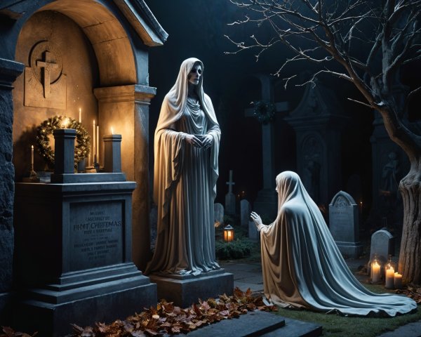 Eerie Cemetery Scene with Ghostly Figures and Candles