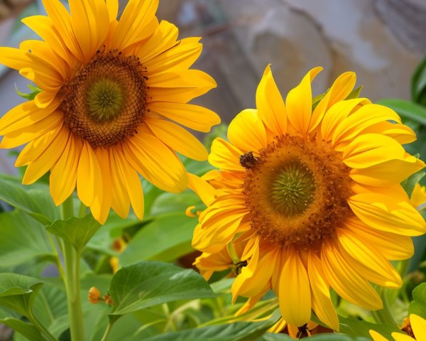 Vibrant Sunflowers with Bee and Green Leaves