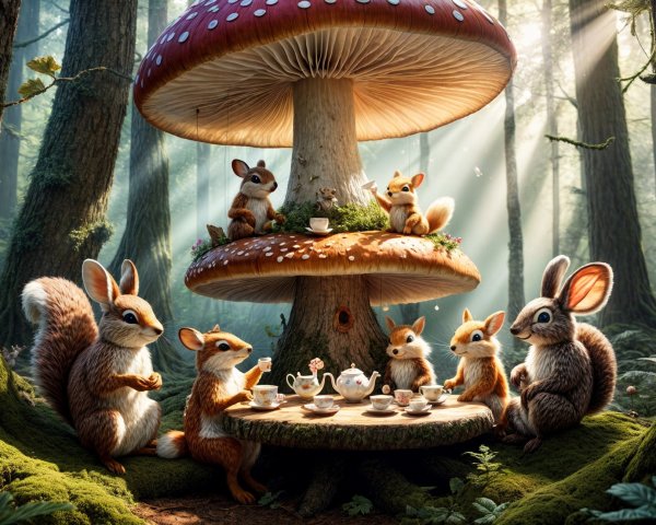 Woodland Creatures Tea Party at Mushroom Table