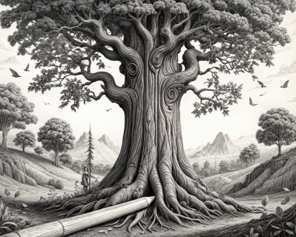 Colossal Tree in Mountainous Landscape with Foliage
