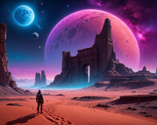 Lone Figure in a Vibrant Alien Desert Landscape