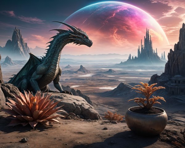 Majestic dragon on rocky outcrop in alien landscape