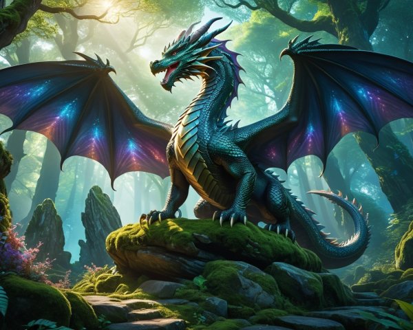 Majestic dragon in a mystical forest setting
