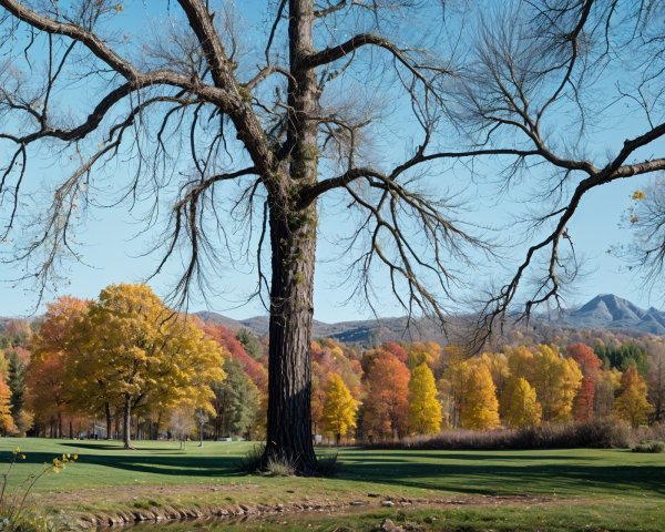 Majestic Bare Tree with Autumn Foliage and Mountains