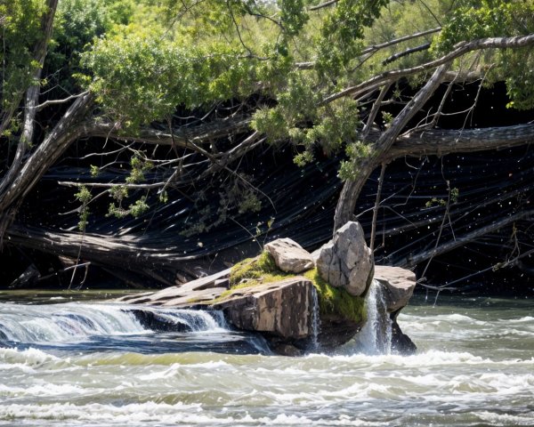 Tranquil River Scene with Lush Greenery and Rocks