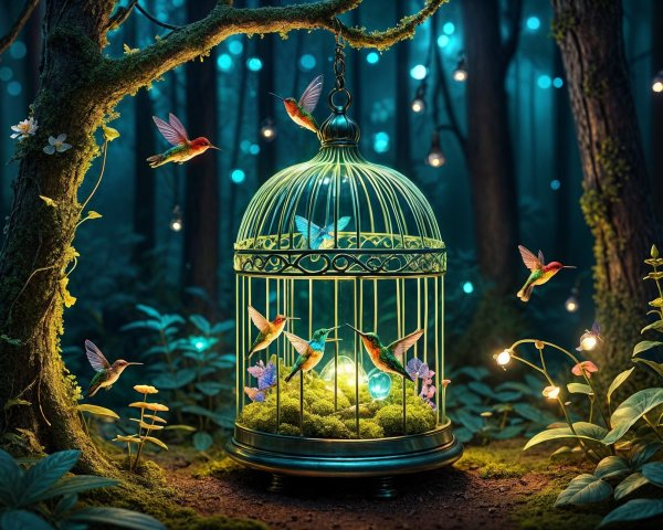 Whimsical Scene of a Mystical Forest with Hummingbirds