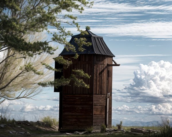 Wooden Structure Against Blue Sky and Fluffy Clouds