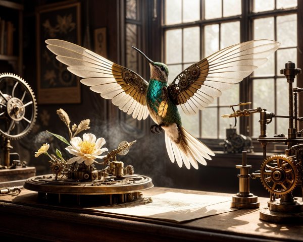 Steampunk Hummingbird with Metallic Wings and Gears