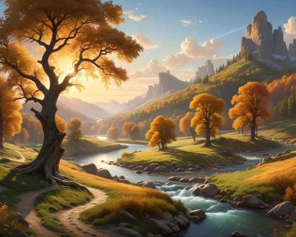Serene Landscape with Winding River and Autumn Foliage