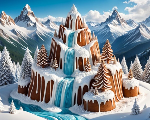 Gingerbread Mountain Landscape with Icing Waterfalls