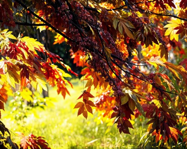 Autumn Leaves in Vibrant Colors Against Green Lawn