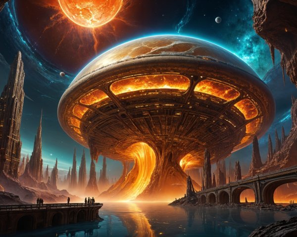 Futuristic Structure Over Surreal Cosmic Landscape