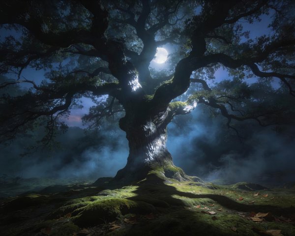 Ancient Oak Tree Under Moonlight with Ethereal Fog