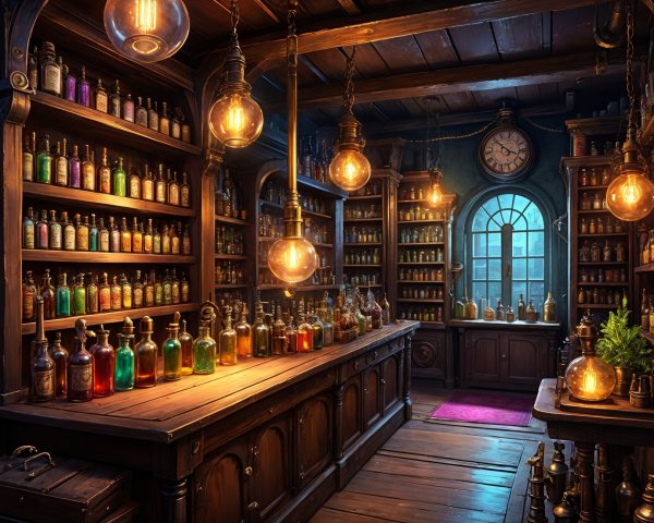 Cozy Apothecary with Colorful Bottles and Warm Lighting